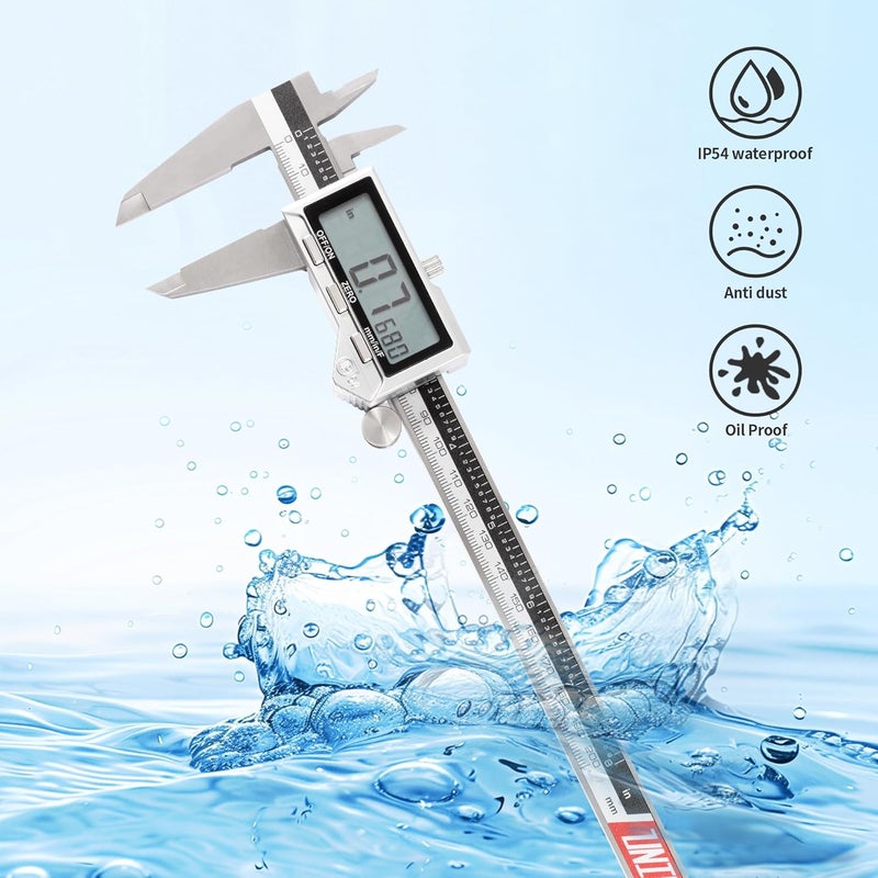 UNIPEC 8 Inch/ 200mm IP54 Grade Stainless Steel Digital Caliper & Stainless Steel Rule, Inch/Millimeter/Fraction Conversion, Large LCD Screen - Image 2